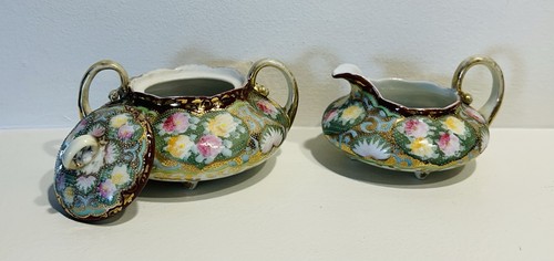 Antique Porcelain Sugar Bowl w Lid & Creamer Ornate Moriage Pastels Gold Trim - Picture 5 of 12