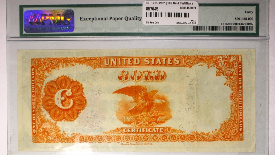 FR. Certificado de oro 1215 1922 $100 PMG XF40 - tamaño grande Foto 2 de 2