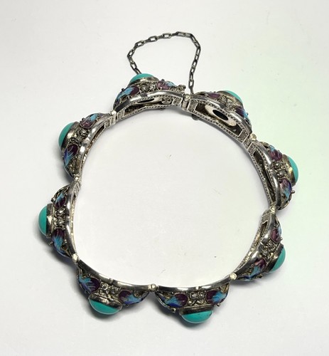Chinese Export Silver, Turquoise Enamel Bracelet Vintage - Picture 4 of 8