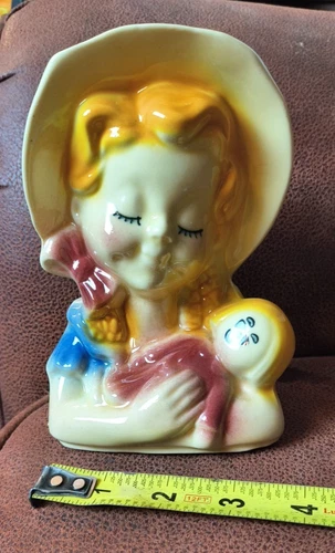 Vintage Shawnee USA 810 Pottery Wall Pocket Vase Red Head Girl Holding Rag Doll