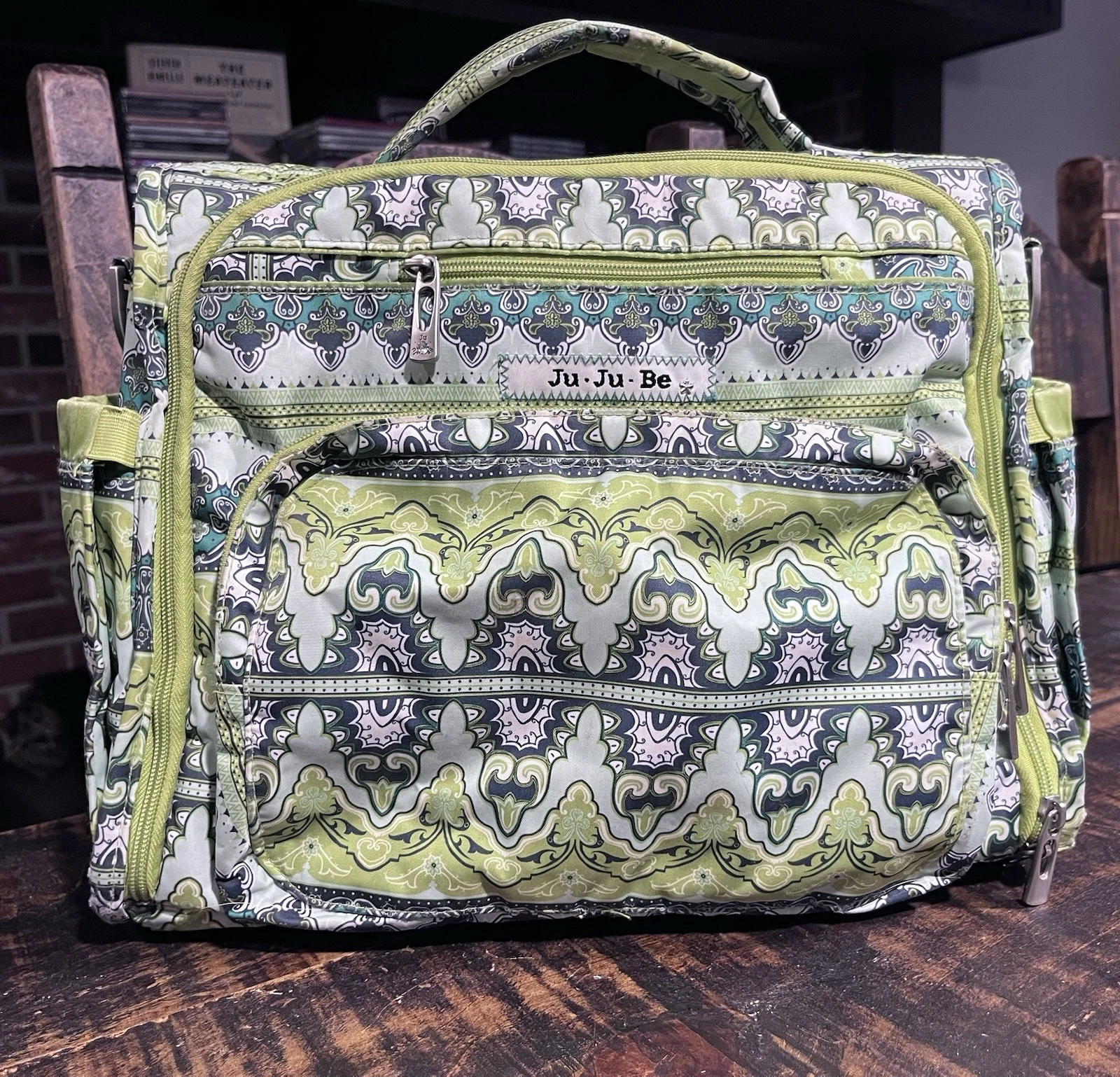 Ju Ju Be Green Diaper Bag Backpack W/ Changing Pad Greens/Blues Scrolls Design