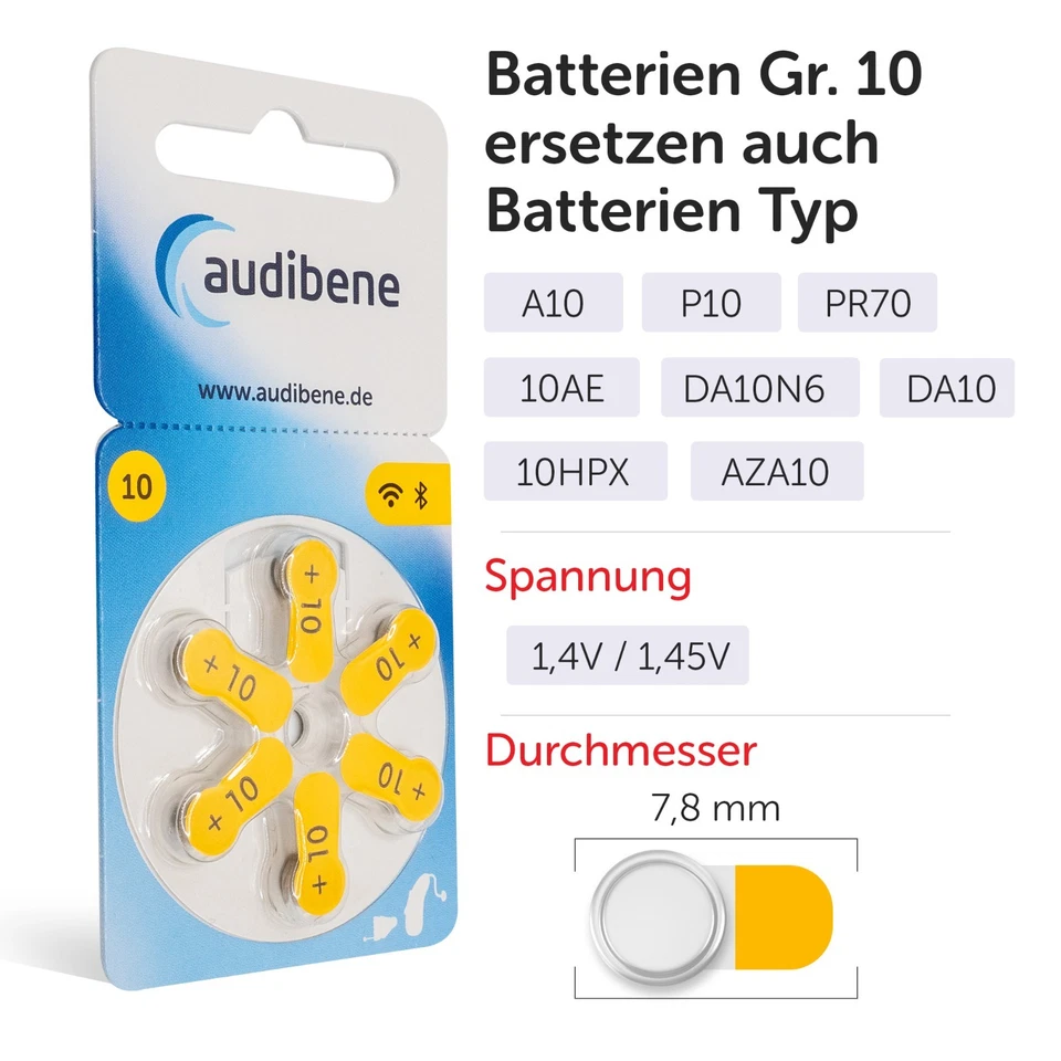120x  audibene Hörgerätebatterien 10 gelb + GRATIS Reinigungstuch inkl. Versand - Bild 2 von 4