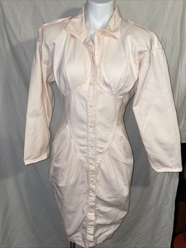 Vintage 80s Byer Too! Shirtwaist Dress M 9 Pockets Buttons Power Shoulder Pink