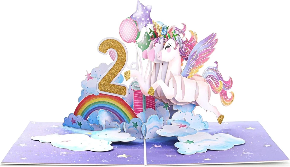 Tarjeta de cumpleaños Unicornio Feliz 2Nd, tarjeta de cumpleaños emergente para niños de 2 años, G Foto 3 de 4