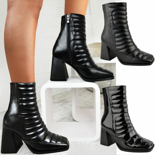 Womens Quilted Square Block Heel Ankle 