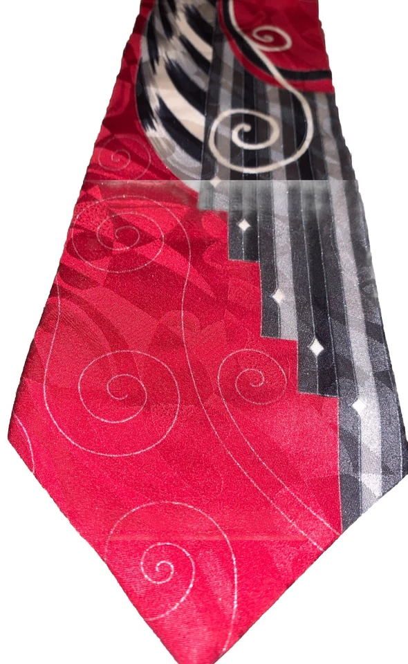 Gravata de seda masculina italiana Gianfranco Ruffini padrão abstrato vermelha, cinza 56 pol. de comprimento - Imagem 2 de 4