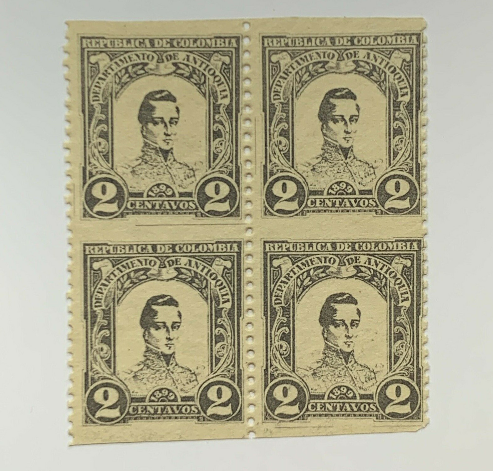 ERROR 1899 COLOMBIA ANTIOQUIA MNH STAMP BLOCK #119 MISSING HORIZONTAL PERF