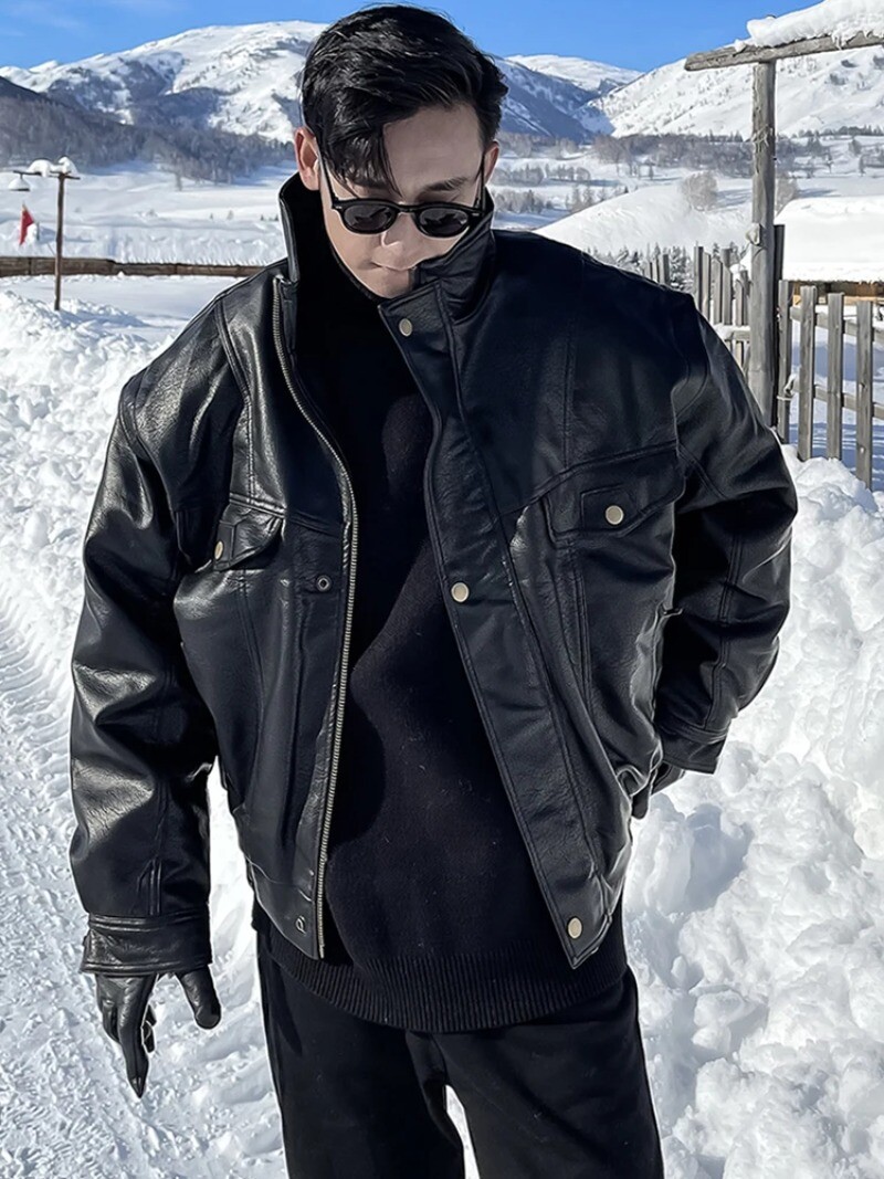 Autumn Winter Waterproof Black Faux Leather Jacket for Men Oversized Casual Coat