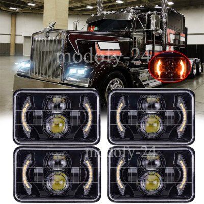 4PCS 4x6'' LED Headlights With DRL Fit Kenworth W900 T400/800 Peterbilt 357 379 