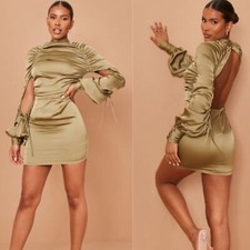 NWT PrettyLittleThing Olive High Neck Ruched Satin Backless Bodycon Dress