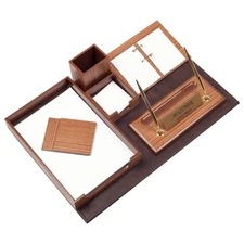 Wood Leather Desk Organizer Set Walnut Wood Combination Organizer Set- 11 PCS