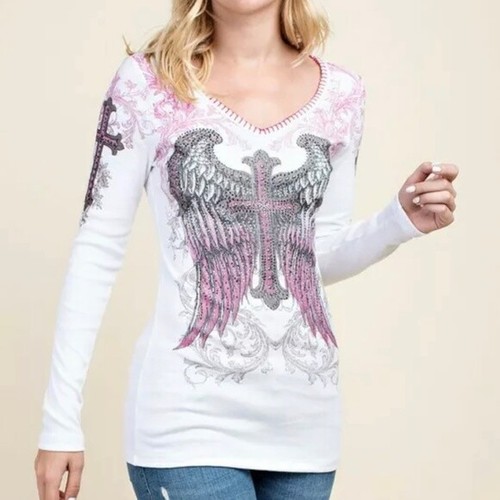 NUEVA CAMISA VOCAL TÉRMICA ALAS BLING occidental SM-XL CRUZ EMBELLECIDA blanco/rosa - Imagen 5 de 7
