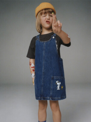 ZARA NWT pinafore denim dress overalls snoopy size 12-18
