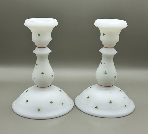 2 FENTON Custard Glass Christmas Tree Candle Holders Hand-painted 6" See*