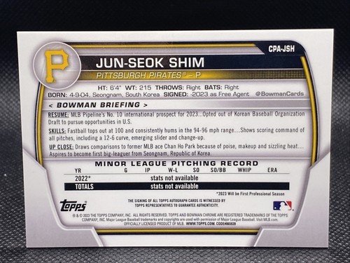 🔥🔥2023 Bowman Chrome Jun-Seok Shim Green 1st Bowman Auto /99-Pirates 🔥🔥 - Picture 2 of 2