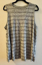 AB Studio Women's Sleeveless Sz Large 2 Tone Gray Strip Top W Necklace