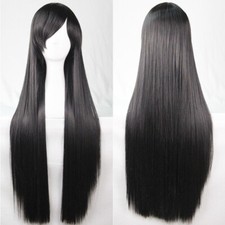 80cm Black Long Straight Sleek Hair Side Bangs Full Hair Wigs Women Cosplay Wigs
