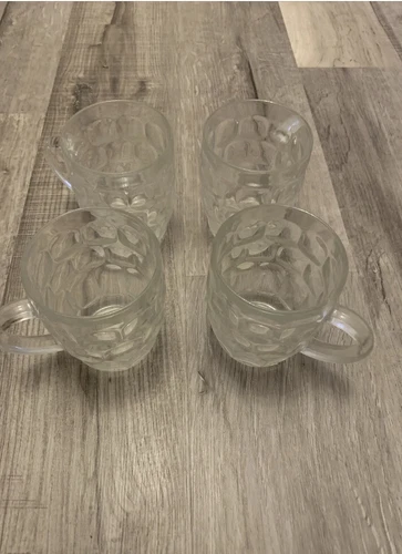 Set of 4 Vintage Clear Glass Thumbprint Pattern Mugs - Arcoroc France