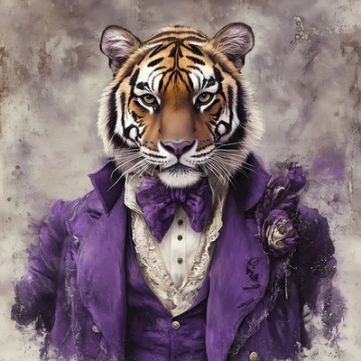 Gentelman Tiger mit einem aufwendigen lila Anzug, komplett mit einer Fliege Krawatte und einem