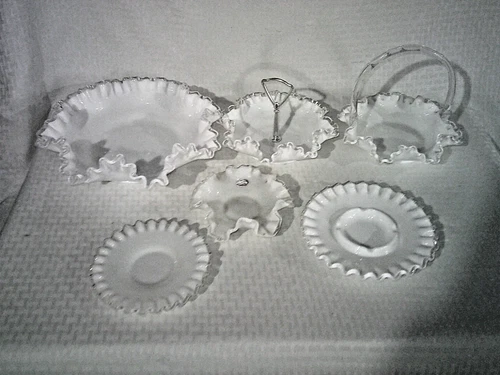 Lot of 6 White Ruffled Silver Crest Fenton Bowl/Candy Dish/Compote All MINT