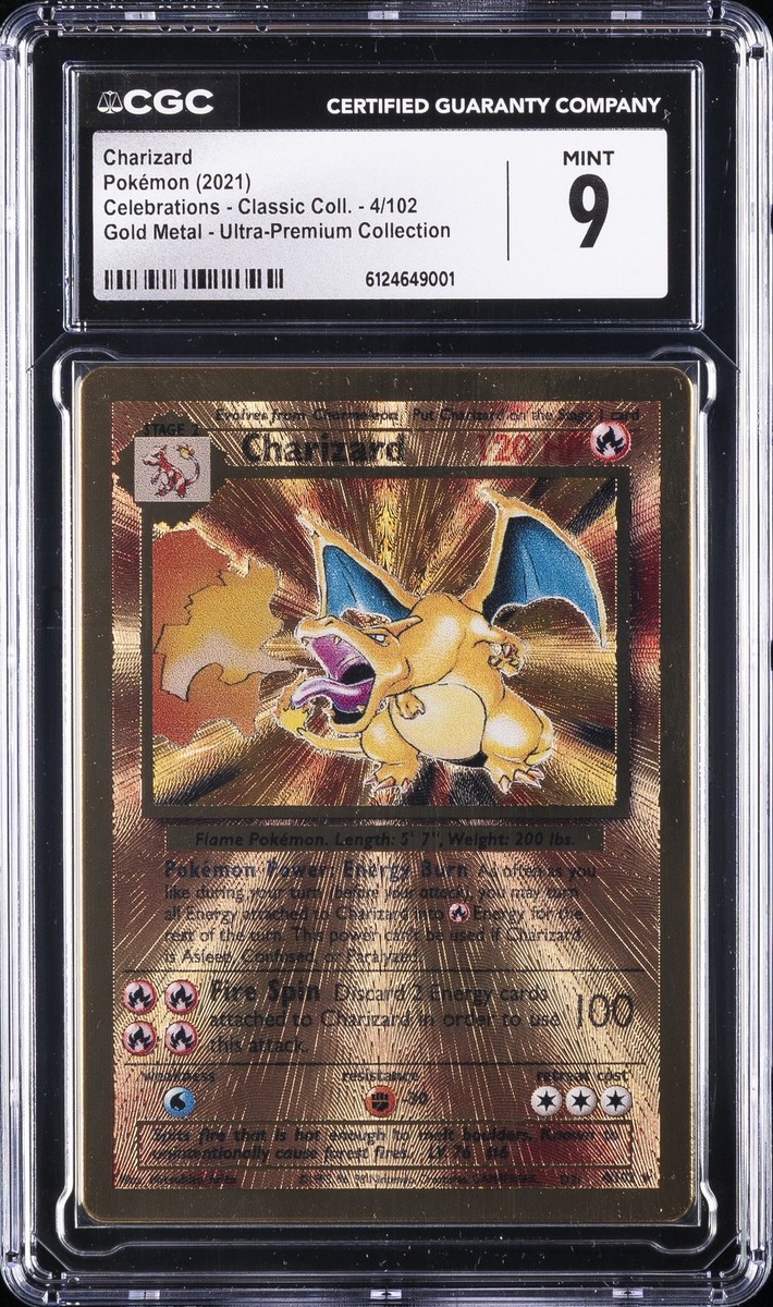 pokemon celebrations gold metal charizard card 4/102 ultra premium collection UPC PSA 8 TBC Games Commemorate your favorite Pokemon with this Charizard 2021 Pokemon Celebrations Classic Collection Holo #4 Card Charizard Metal Card Sells for