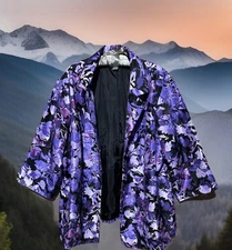 CJ Banks Jacket 3X Purple Floral Silky Shantung Style Open Front Outfit Topper