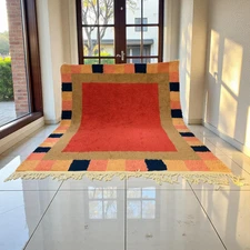 Red Moroccan Rug with Geometric Border – Handmade Wool Area Rug,