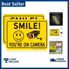 2-Pack Smile You’re on Camera Sign, Video Surveillance Signs Outdoor, UV Prin...