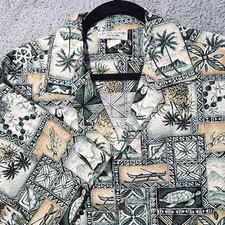 Vintage 90s Pacific Legend Hawaiian Shirt Made in USA Mens L Green Wood Buttons