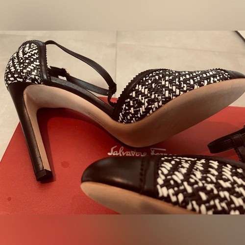 Salvatore Ferragamo T-Strap Pumps - Black / Off White - Size 9.5 - Leather Heels - Picture 13 of 16