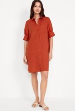 NEW GAP Linen Blend Shirt Dress Womens L Short Sleeve Button Front Burnt Orange