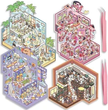 4 Sets Big DIY 3D Sticker Scene Isometric Miniature Room Stickers Book A Set 
