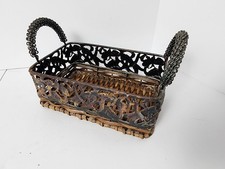 Vintage Mixed Media Woven Wicker Metal Basket - Verdigris Floral Openwork