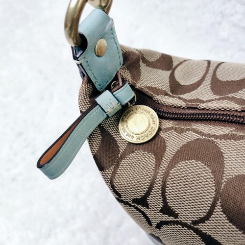 COACH Accessory Pouch One Shoulder Handbag Signature Light Blue Brown Canvas - Picture 11 of 12