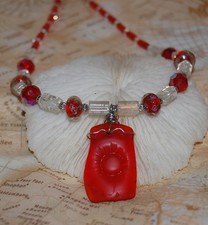 Wire Wrapped Red Faux Sea Glass Necklace 17.5" Handmade Beaded Jewelry