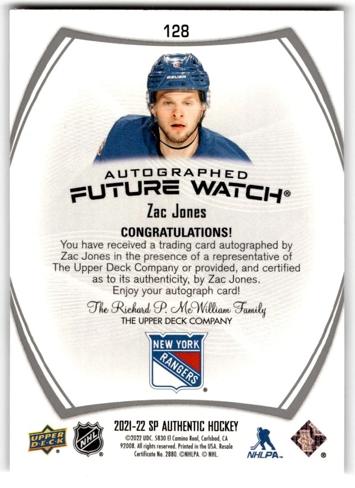 Zac Jones 2021-22 SP Authentic Future Watch Rookie Auto /999 #128 New York - Image 2 of 2