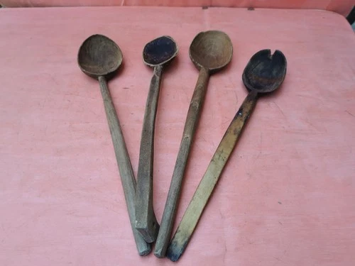 OLD ANTIQUE PRIMITIVE WOODEN HANDMADE LONG RARE CARVED SPOONS PADLE - LOT OF 4