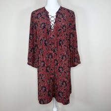 Madewell Maroon Red Assam Floral 100 Silk Lace Up 3/4 Sleeve Babydoll Dress