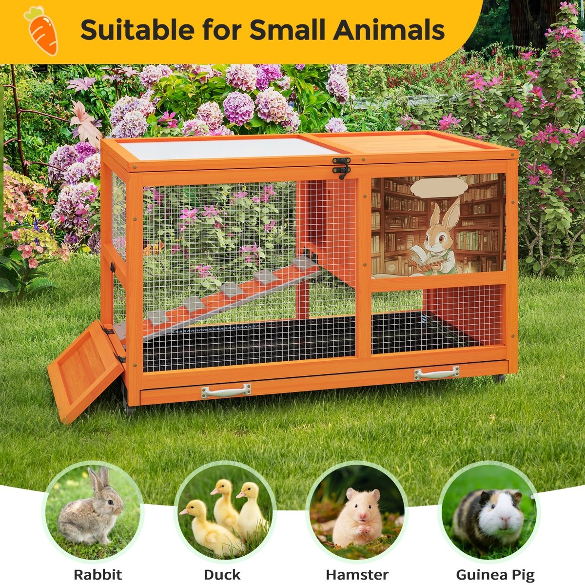 36inches Wood Rabbit Hutch Small Bunny Cage W/ Removable Tray&Roof