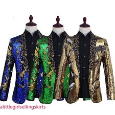 Men Reversible Two Tone Shiny Sequin Cardigan Jacket Suit Stage Costume Coat Top