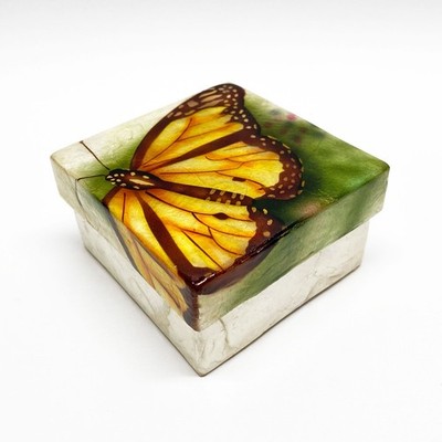 Vintage Capiz Shell Monarch Butterfly Square Trinket Box, Made in Philippines
