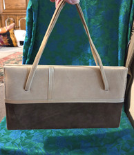 Vintage Featherlite Beige Brown Suede Purse Mid Century Styling Approx 11"x7"x3"