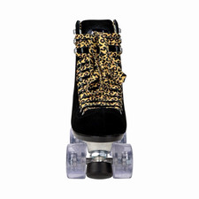 Moxi Jungle Black Suede Quad Roller Skates with Leopard Print Laces