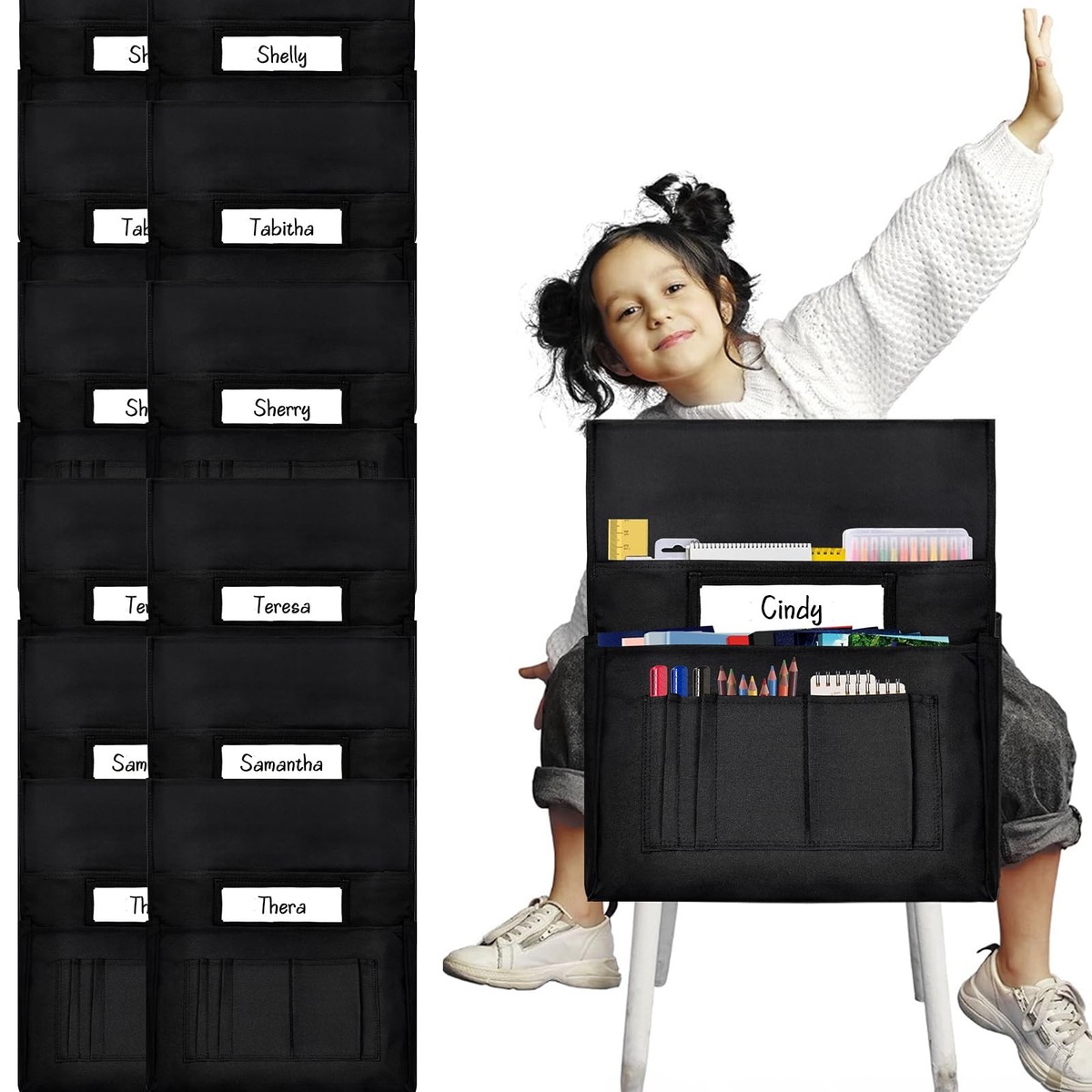 12 Pcs Classroom Chair Pockets, 18.5 x 15.3 inch Black Chair