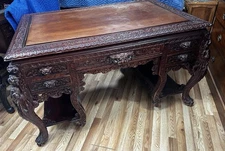 19Th Century Carved Chinese Dragon Carved Double Sided Partners Desk ￼