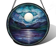 Stained Glass Window Hanging, Blue Night Moon Lake 7.8x7.8 IN Blue and White