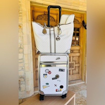 Michael Kors Small Trolley Travel Suitcase +Eva Tote Bag Set Luggage Optic White