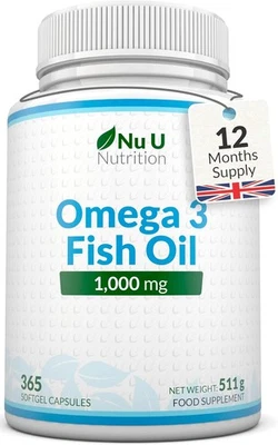 NU U NUTRITION Omega 3 Fish Oil 1000mg | 365 Softgels High Strength EPA & DHA | UK Made
