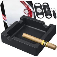 Outdoor Ashtray For Cigars, Includes 4 Holders 3 Cutters, Black