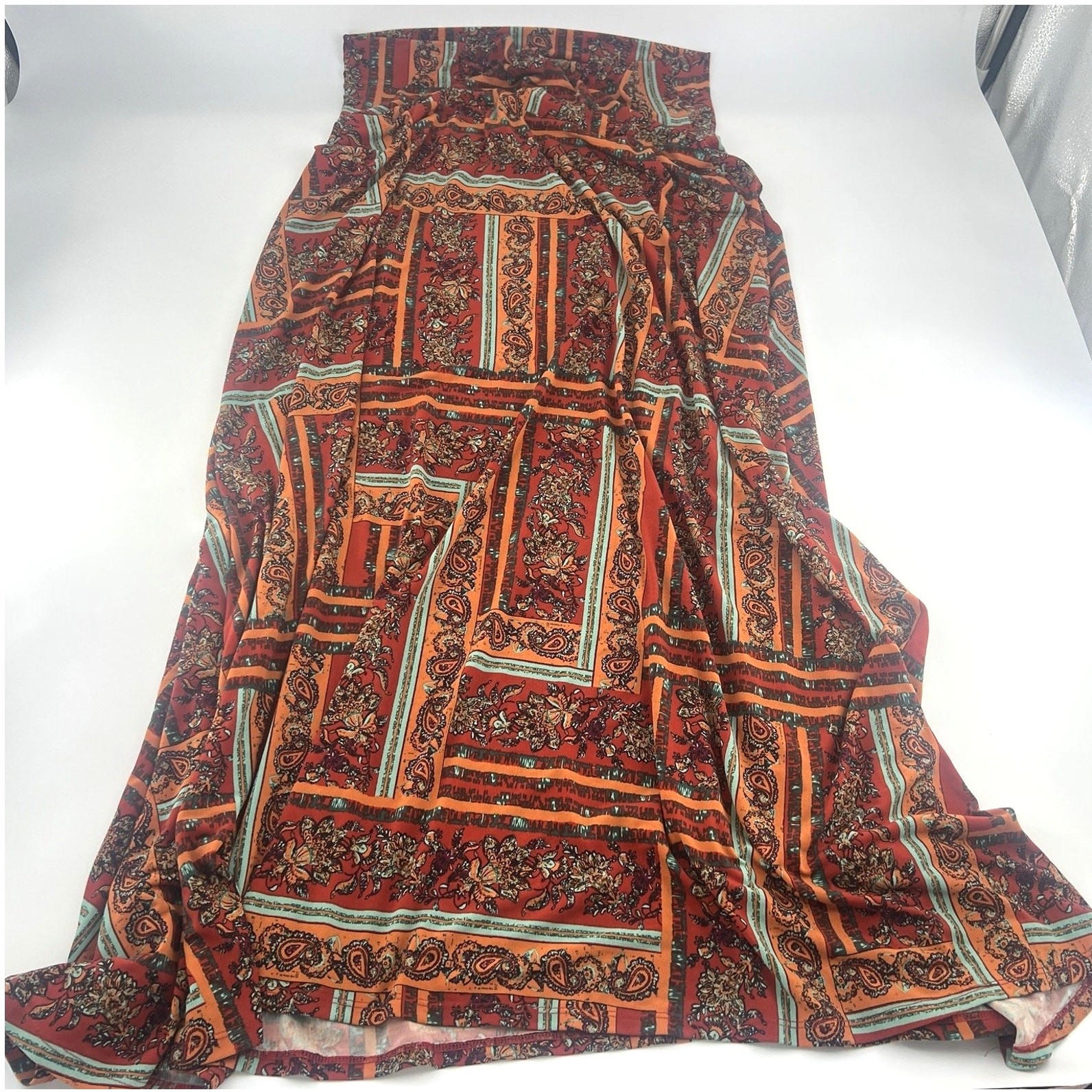 Lularoe Womens Large Red Orange Paisley Maxi Skirt Stretch Casual Long-image